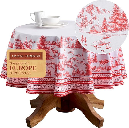 Maison d' Hermine Table Cloth Round Table 100% Cotton 69 Inches Fall Tablecloth Reusable Everyday Use for Thanksgiving Christmas Decorations Dining Farmhouse Party (Winter Jouy)
