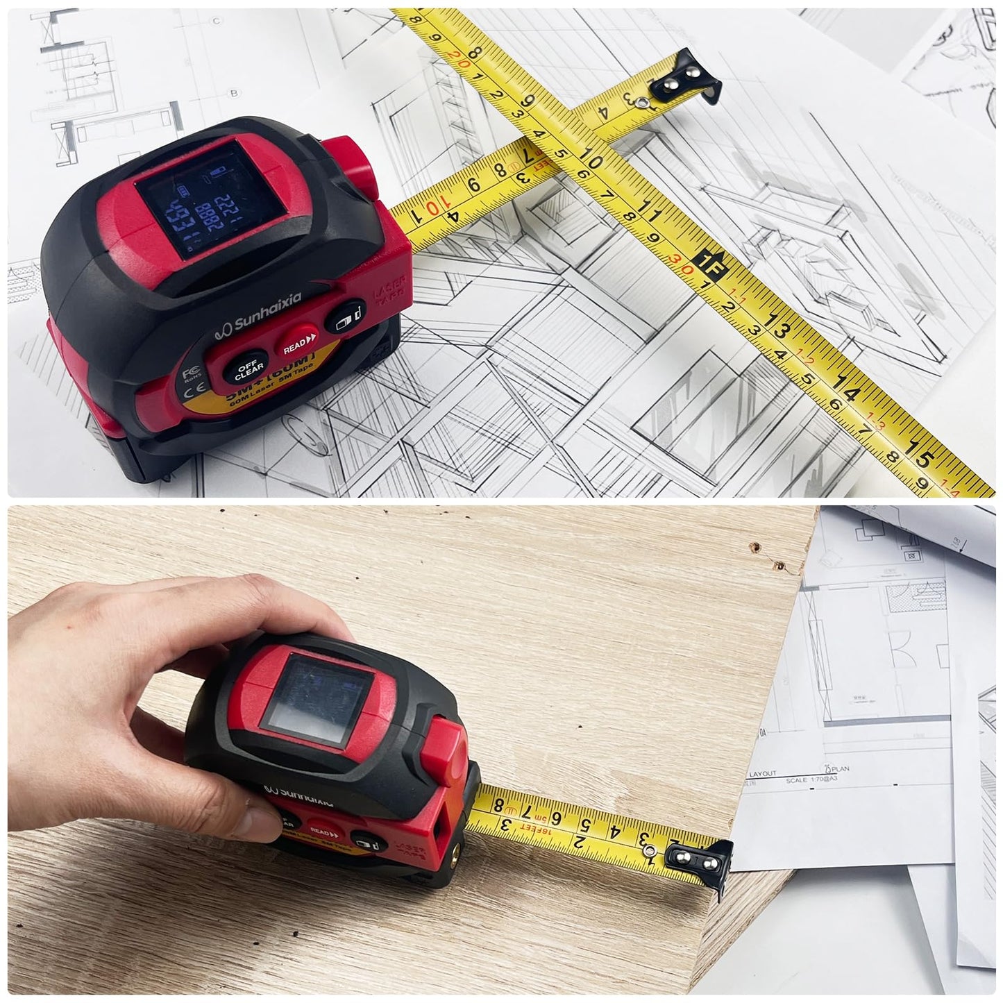 Laser Tape Measure 3 in 1 with Laser Level Crosshairs |196ft/60m Laser Distance+16ft/5m AutoLock Tape |Backlit LCD Display (Ft/Inch/M/mm) |for DIY,Construction, Interior Design (Red)