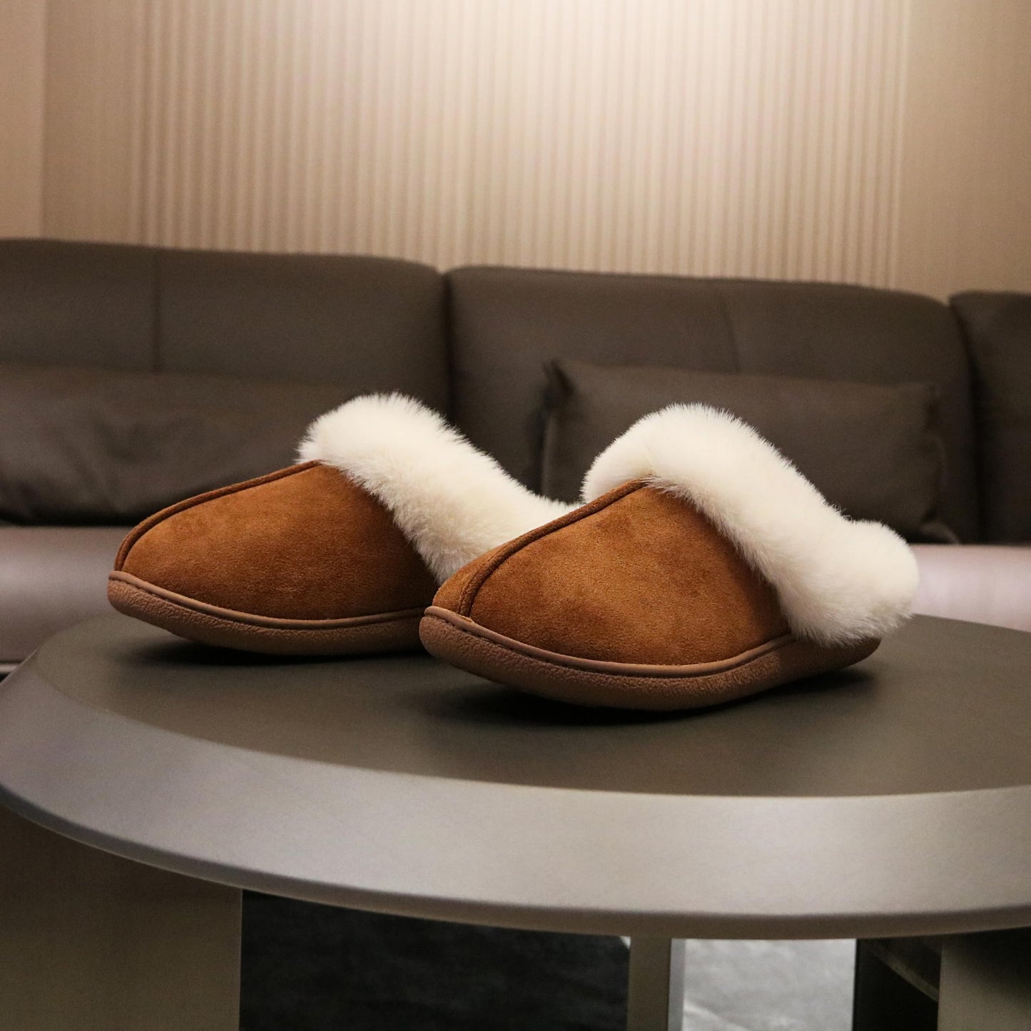 Jerzmy Fuzzy Slippers for Women, Memory Foam Cushion Womens House Slippers Suede Fluffy Faux Fur Lining Comfy Home Shoes for Indoor Outdoor Bedroom Garden Winter Brown Size 7