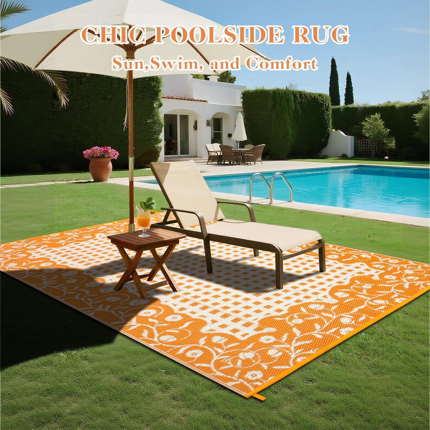 nesrt Waterproof Outdoor Rug 5x8ft, Reversible Plastic Straw Patio Mats, Portable Floral Camping Rug, Indoor Foldable RV Carpet Mat for Deck Porch Balcony Backyard Picnic (Orange/White)