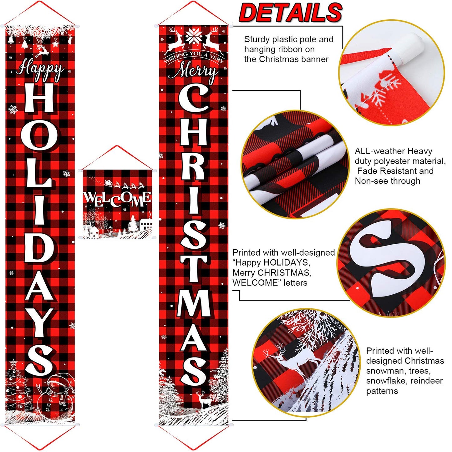 Boao 3 Pieces Christmas Plaid Porch Sign Merry Christmas Banner Happy Holidays Banner Welcome Banner Front Door Hanging Sign for Christmas Home Wall Indoor Outdoor Decoration