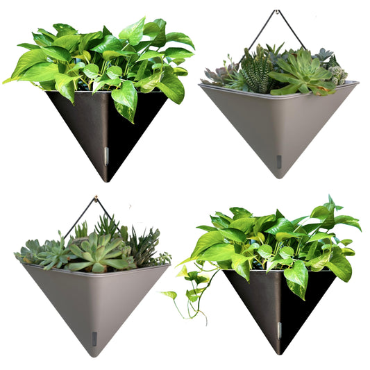 LaLaGreen Wall Planters - 4 Pack, 12 Inch Large Self Watering Black and Gray Mixed Color Geometric Indoor Vertical Garden Plant Wall Hanging Flower Vase Vessel with Black Metal Hanger Modern Stylish