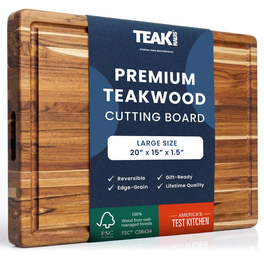 Teakhaus Carving Board with Juice Groove - Large (L) Teak Wood Cutting Board 20”L x 15”W x 1.5” Thick - Sustainably Harvested & FSC Certified - Knife Friendly with Beeswax Oil Finish