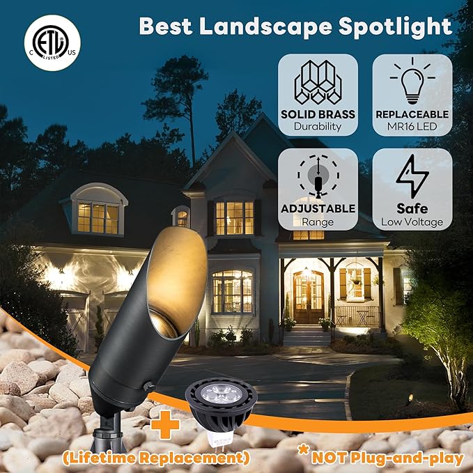 Gardenreet Brass Spot Light Low Voltage - Outdoor Landscape Spotlights, 12V Landscaping LED Uplights, Hard-Wired All Weather Bronze for Backyard Lawn with Day Light Changeable Bulbs (8 Pack)