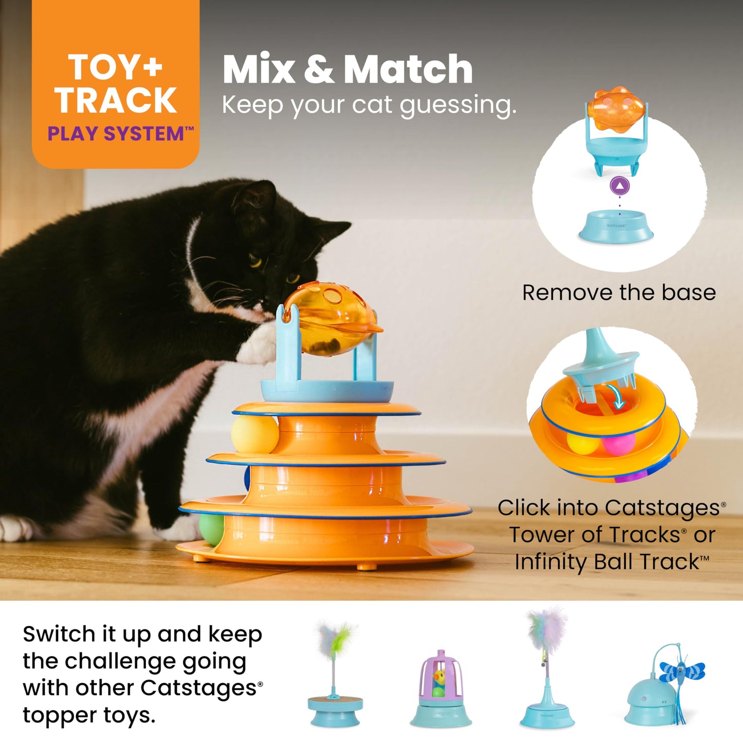 Catstages 2-in-1 Spinning Fish Treat Dispenser Cat Toy, Interactive Puzzle Feeder & Cat Ball Track Add-On, Blue