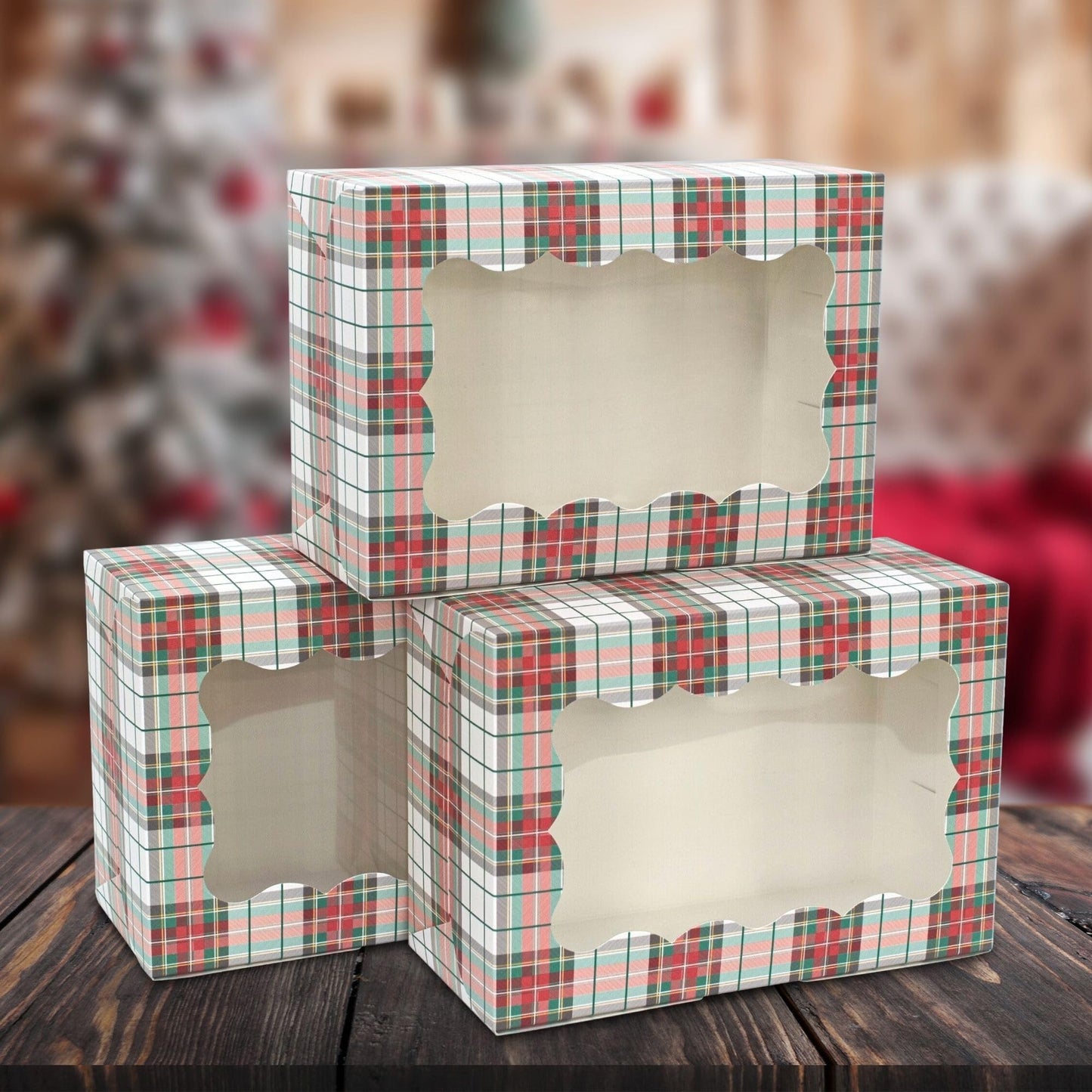 Christmas Cookie Boxes - 12 Pack - White & Red Tartan Plaid Bakery Gift Box with Window - Perfect for Pastries, Cupcakes, Macarons, Candy, & Treats - LG Size Easily Fits a Dozen Cookies - 12 pcs