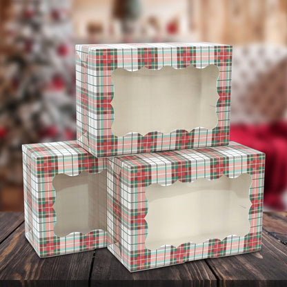 Christmas Cookie Boxes - 12 Pack - White & Red Tartan Plaid Bakery Gift Box with Window - Perfect for Pastries, Cupcakes, Macarons, Candy, & Treats - LG Size Easily Fits a Dozen Cookies - 12 pcs