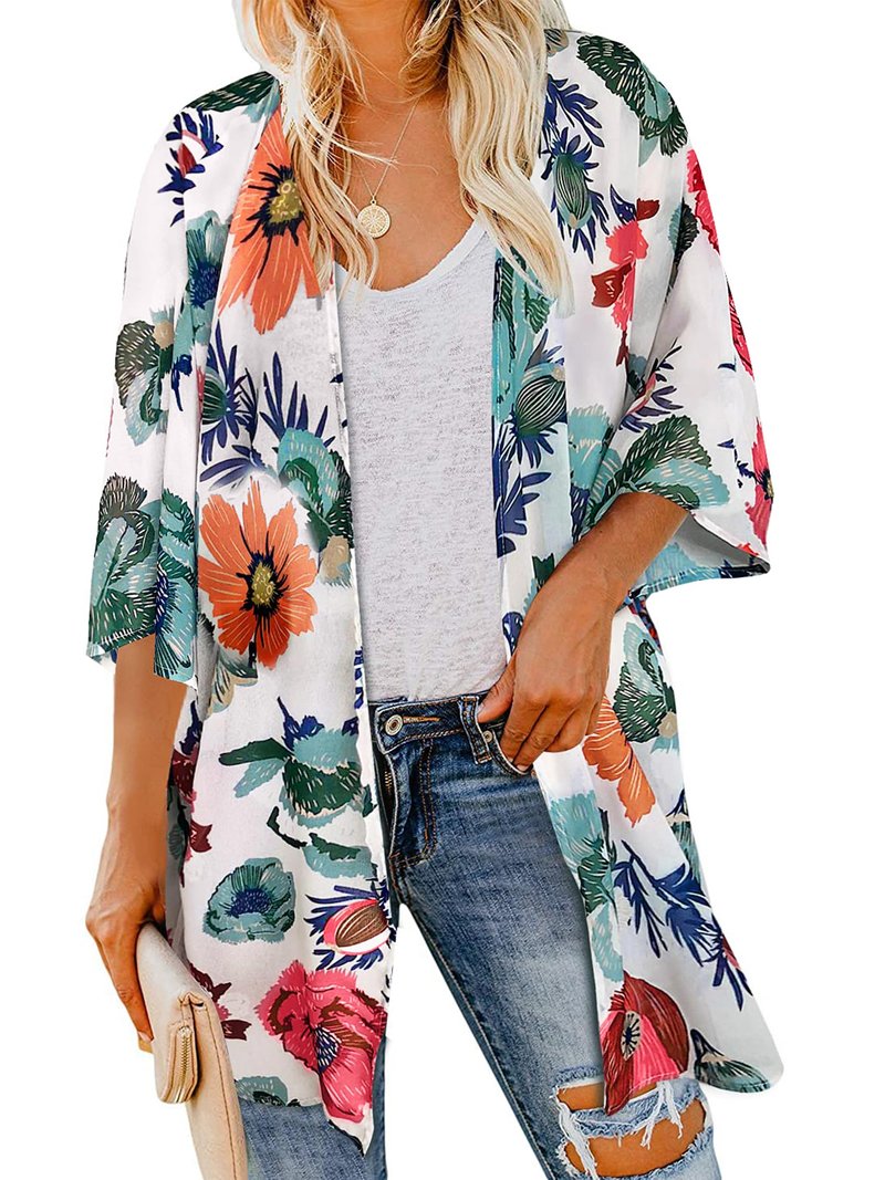 Women's Summre Kimono Cardigan Floral Print Sheer Chiffon Loose Casual Beach Cover Up Tops (Da White,L)
