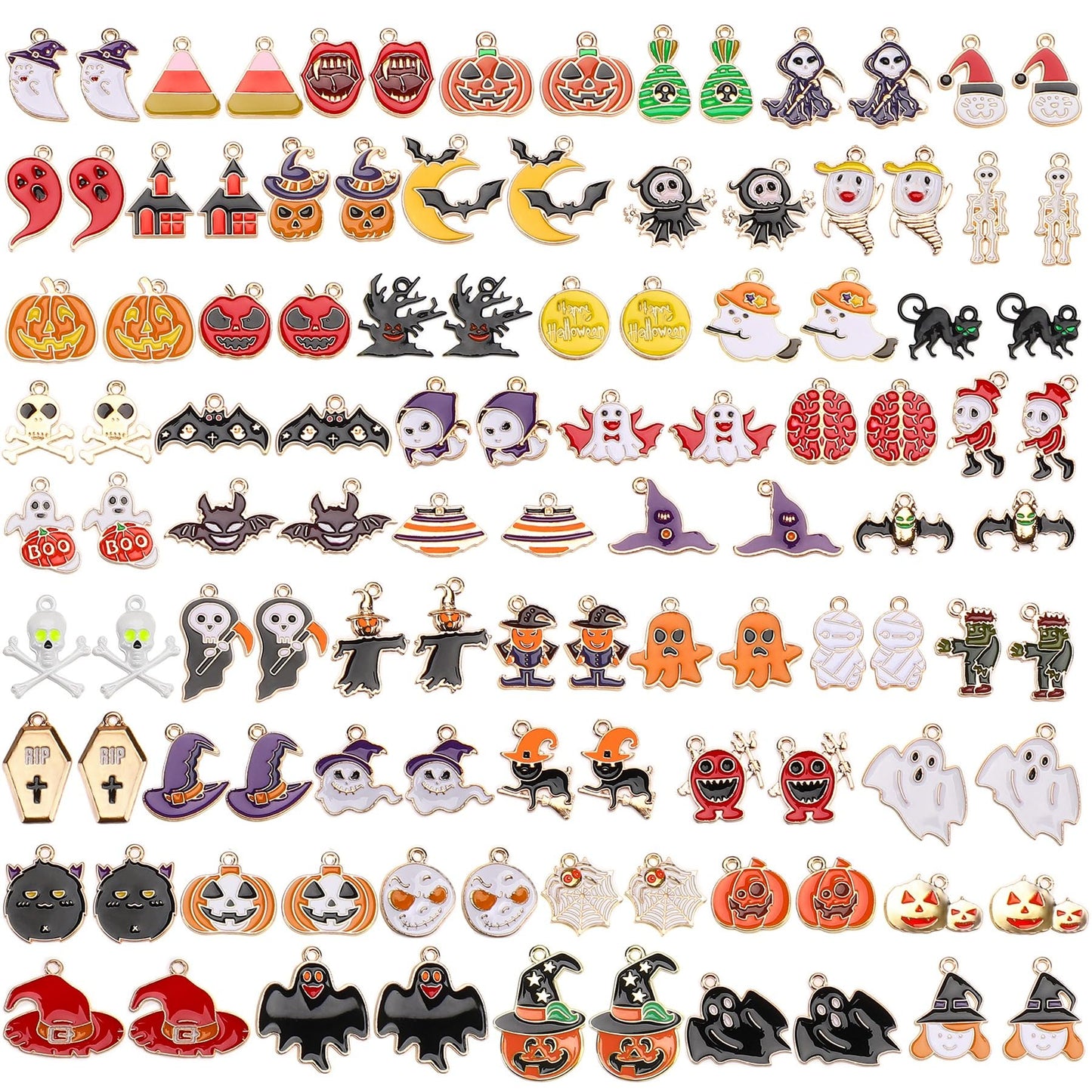 SANNIX 110Pcs 55 Pairs Halloween Charms Gold Enamel Jewelry Pendants for Halloween Earring Bracelet Necklace Craft Making