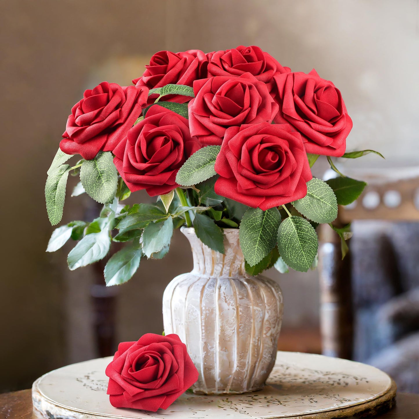 Mocoosy 50Pcs Red Roses Artificial Flowers, Artificial Rose Real Touch Foam Fake Roses Bulk with Stem,Lifelike Rose DIY Craft Flower for Wedding Bridal Bouquet Centerpiece Arrangement Party Home Decor