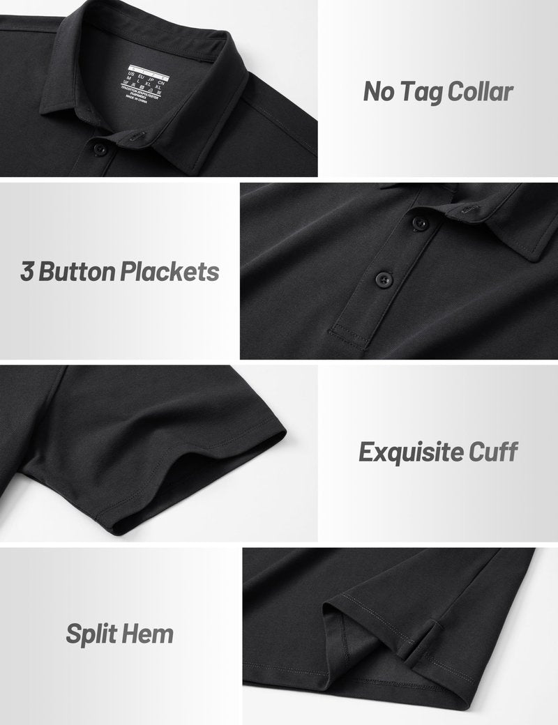 Cotrasen Men's Polo Shirts Short Sleeve Cotton Pique T-Shirts 3 Buttons Classic Fit Casual Lightweight Cooling Performance Golf Shirts Black L