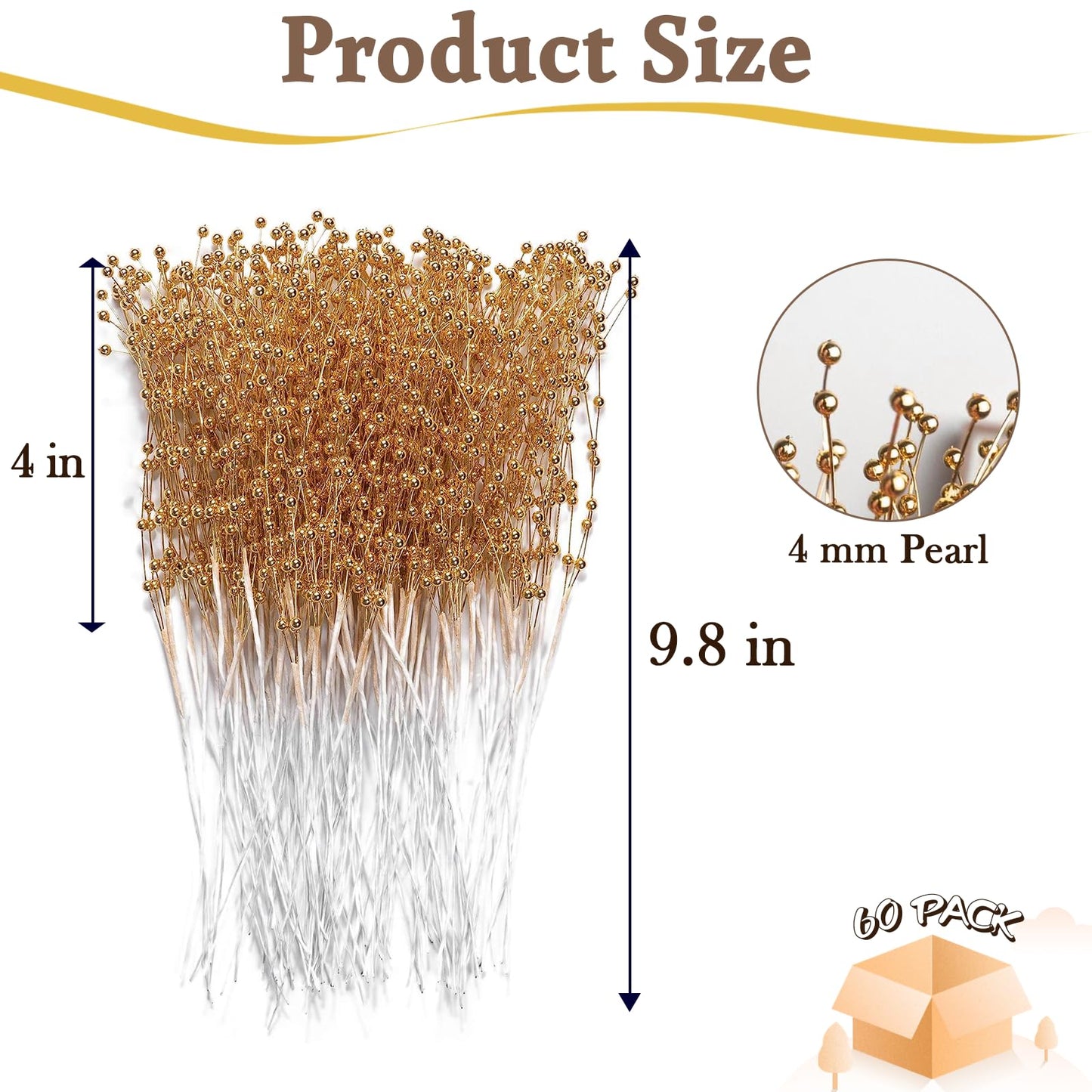 ZJJZGYXINTAI 60 Pieces Pearl Stick Stems Bouquets, 4mm Bead String Garland Beaded Spray Filler Floral Arrangements Tree Picks Wedding Party Decoration, Christmas Tree Picks (Gold)