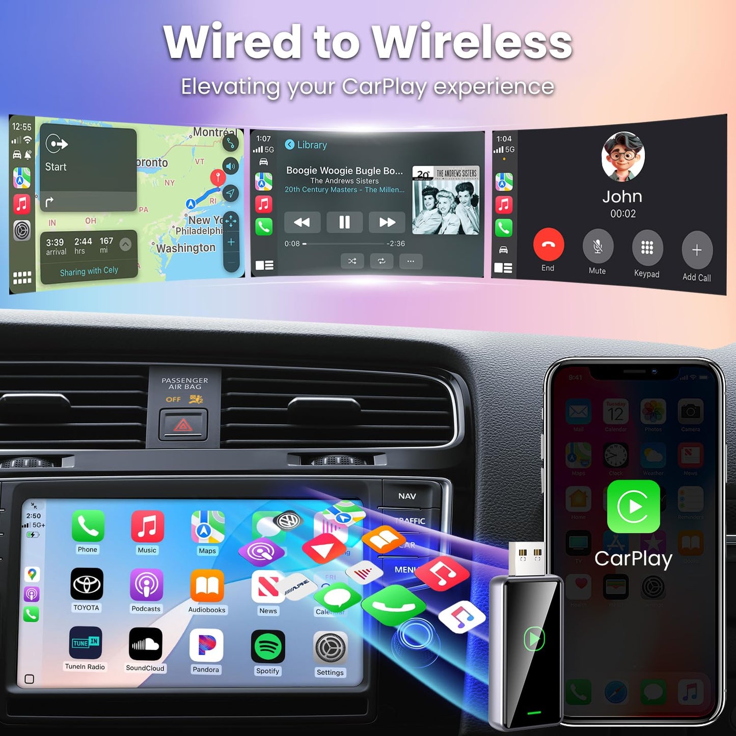 Alltotive S1 Wireless CarPlay Adapter for iPhone - Convert Wired to Wireless CarPlay, Plug and Play, Supports USB and Type-C, Compatible with iPhone iOS 10+ & Cars from 2016
