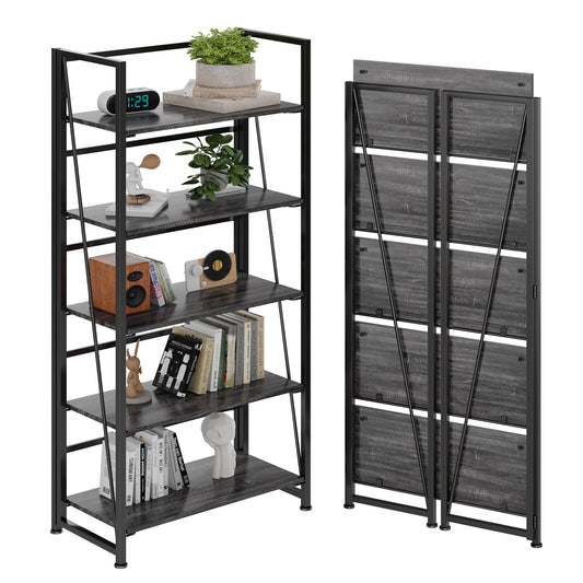 BHG Vintage Multifunctional Folding Bookshelf, No-Assembly Plant Stand Storage Rack Shelves for Home Office (Gray, 5-Tier)