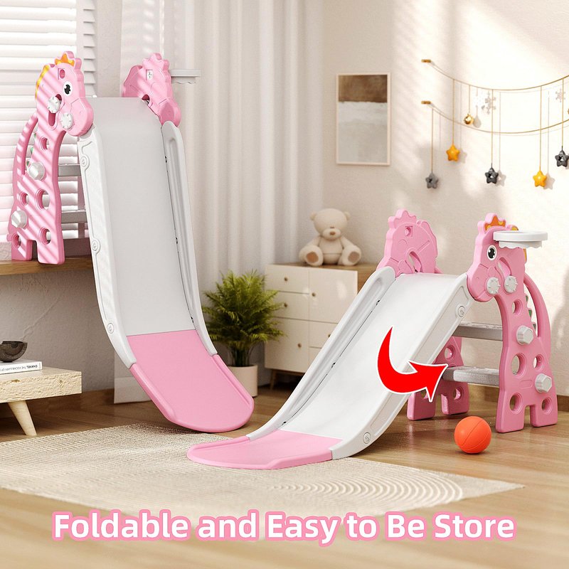 67i 3 in 1 Toddler Slide - 46.8 Inch Long Slide, 10-Min Easy Assembly, Foldable Anti-Tip Stable, Small Indoor Mini Slide for Toddlers 1-3, Baby Inside Slide Resbaladilla Indoor Outdoor Gift (Pink)