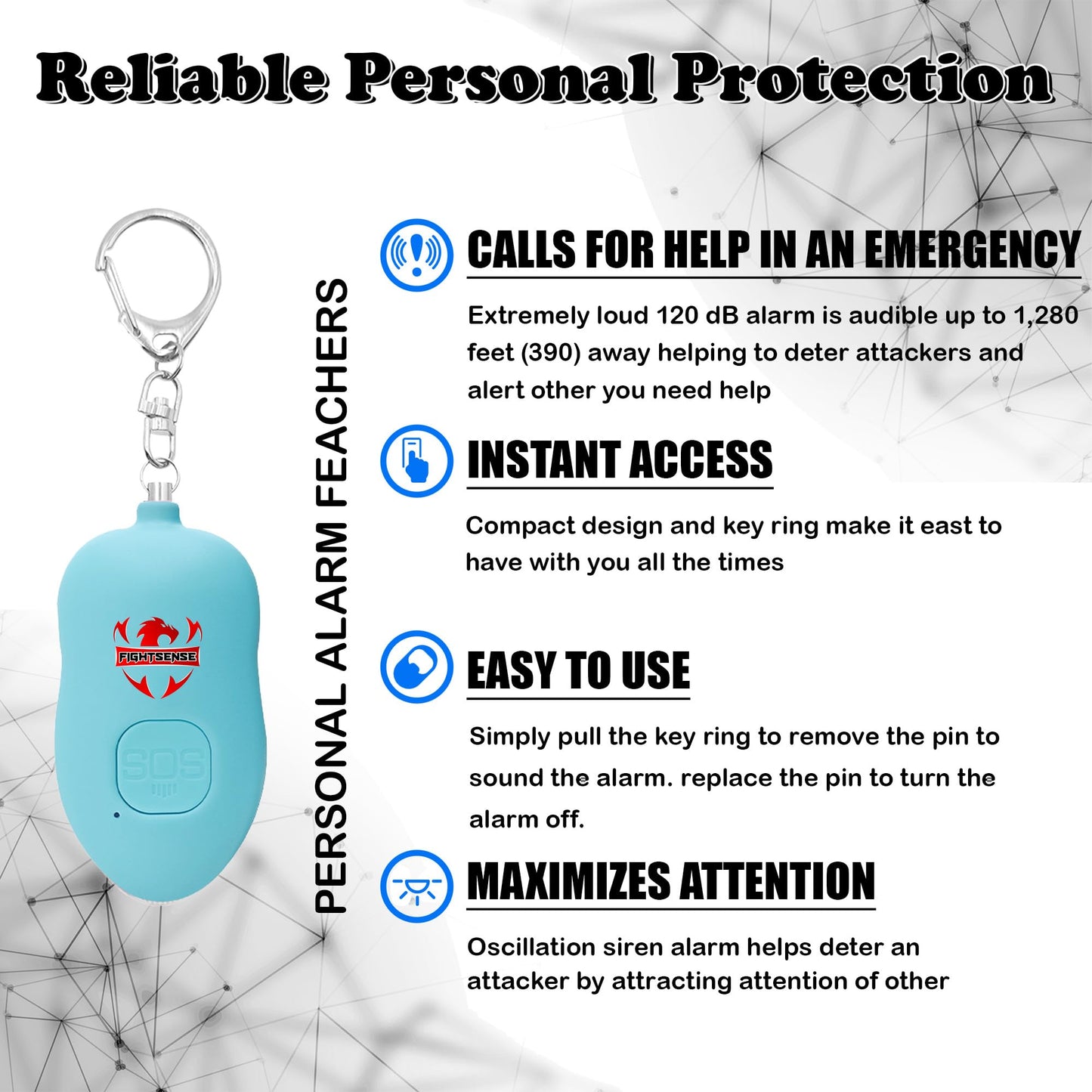 Fightsense Personal Alarm Keychain with Snap Hook, 130dB Siren Safety Alarm for Women LED Light (300m Audible) (Black)