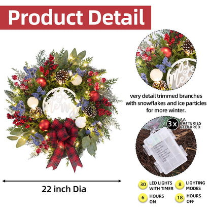 Prelit Christmas Wreath for Front Door Outside,22 inch Be Merry Wreath with red Black Buffalo Plaid Bow,Lighted Farmhouse Christmas decoration-30 LED Light/Timer,Winter Door Wreath, Porch Decor