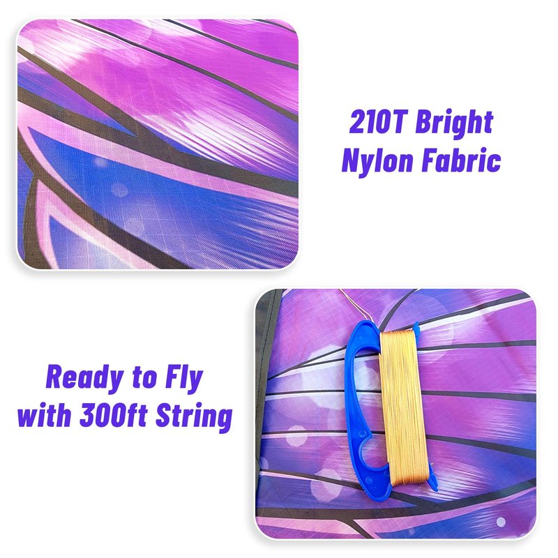 Mint's Colorful Life Butterfly Kite for Kids & Adults, Easy to Fly Kite for Beach, Large Single Line Kite with Long Tail &300ft Kite String (Purple)