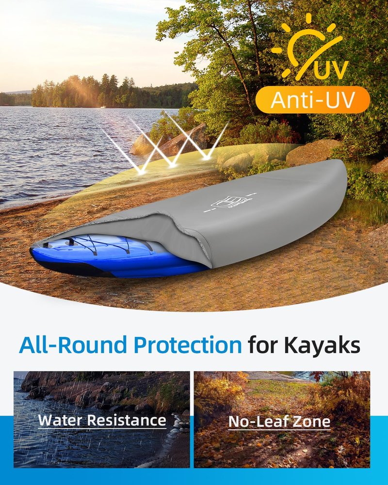 OCEANBROAD Kayak Cover Extra Wide, Water-Resistant UV-Resistant Kayak Canoe Fishing Boat Dust Covers for Outdoor Storage, Suitable for 9.3-10.5ft Length, Up to 44in Width, 420D Gray