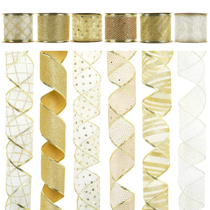 MEEDEE Gold and White Ribbon for Christmas Trees - 2.5 Inch, 6 Rolls, 36 Yards - Gold Wire Mesh Ribbon for Wreaths and Tree Decoration