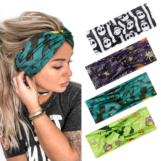 AKTVSHOW Halloween Headbands for Women Knotted Headband Elastic Head Bands Women's Hair Band Non-Slip Turban Printed Stylish Sport Sweat Hair Wrap for Girls Cute Hair Accessories 4PCS