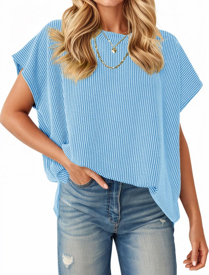 Tankaneo Womens Oversized Short Cap Sleeve Tunic Tops Summer Casual Textured Ribbed Knit T-Shirts Loose Fit Tees Sky Blue