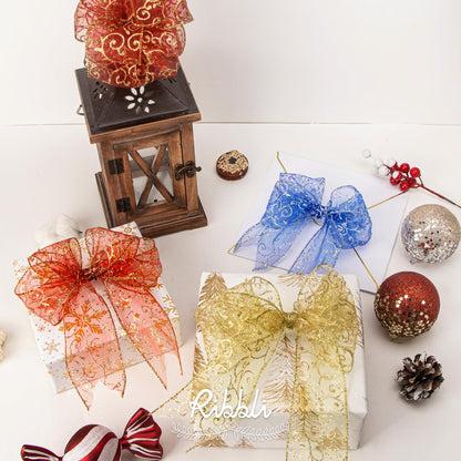 Ribbli Swirl Glitter Wired Ribbon, Red Organza Sheer with Gold Glitter Swirl Pattern and Gold Metallic Edge,2-1/2Inch x 10Yards Christmas Ribbon for Tree Decoration