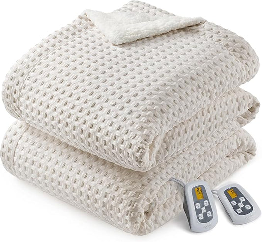 CAROMIO Heated Blanket King Size with LCD Dual Controller, Waffle Weave Fast Heating Electric Blankets, 10 Heat Levels & 1-12H Time Settings, ETL Certified, Machine Washable, Beige, 100" x 90"