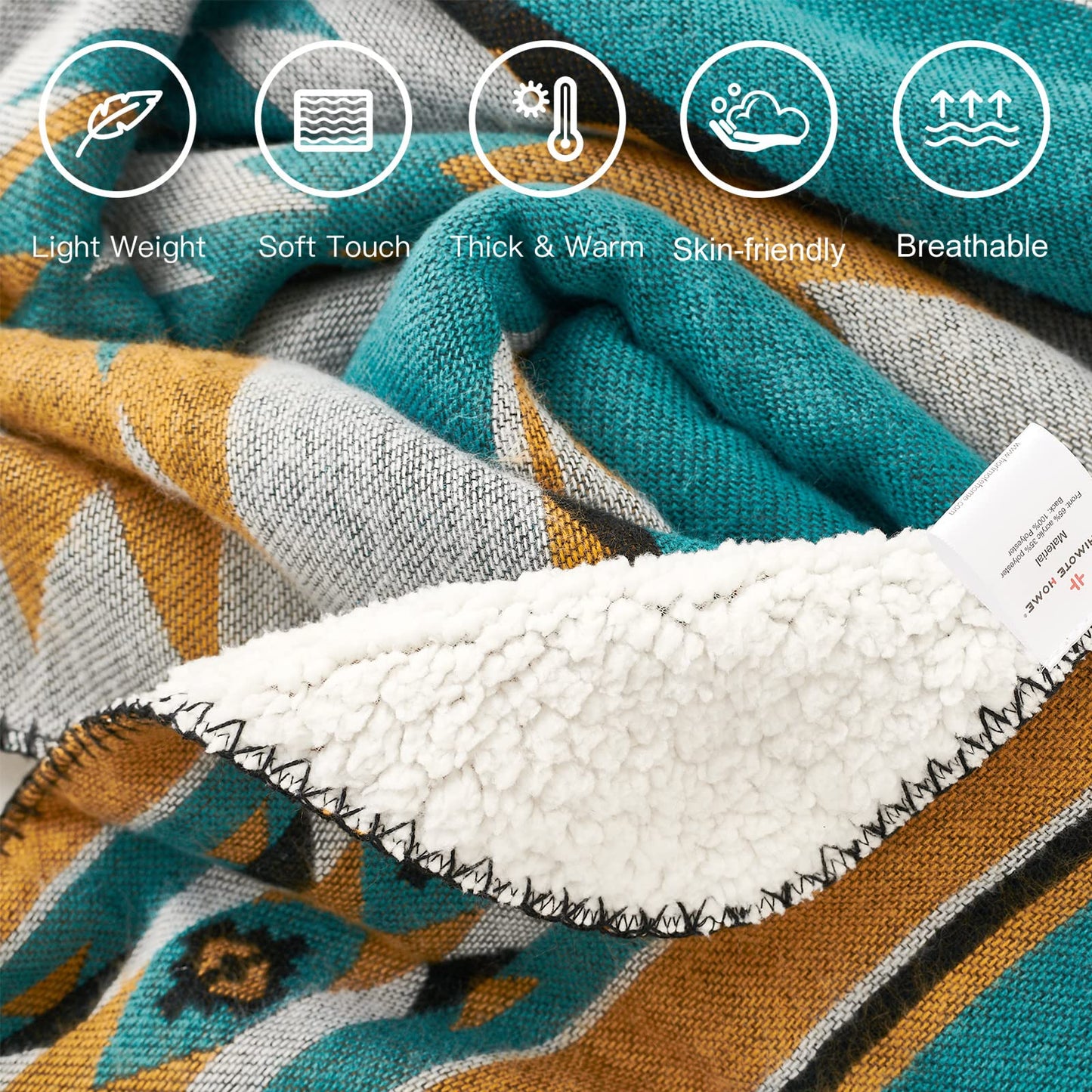 HORIMOTE HOME Aztec Patterned Soft Sherpa Throw Blanket Southwestern Navajo Tribal Style Warm Throw for Camping, Outdoor, Lightweight Boho Blanket for Couch, Bed, 152x203cm, Teal