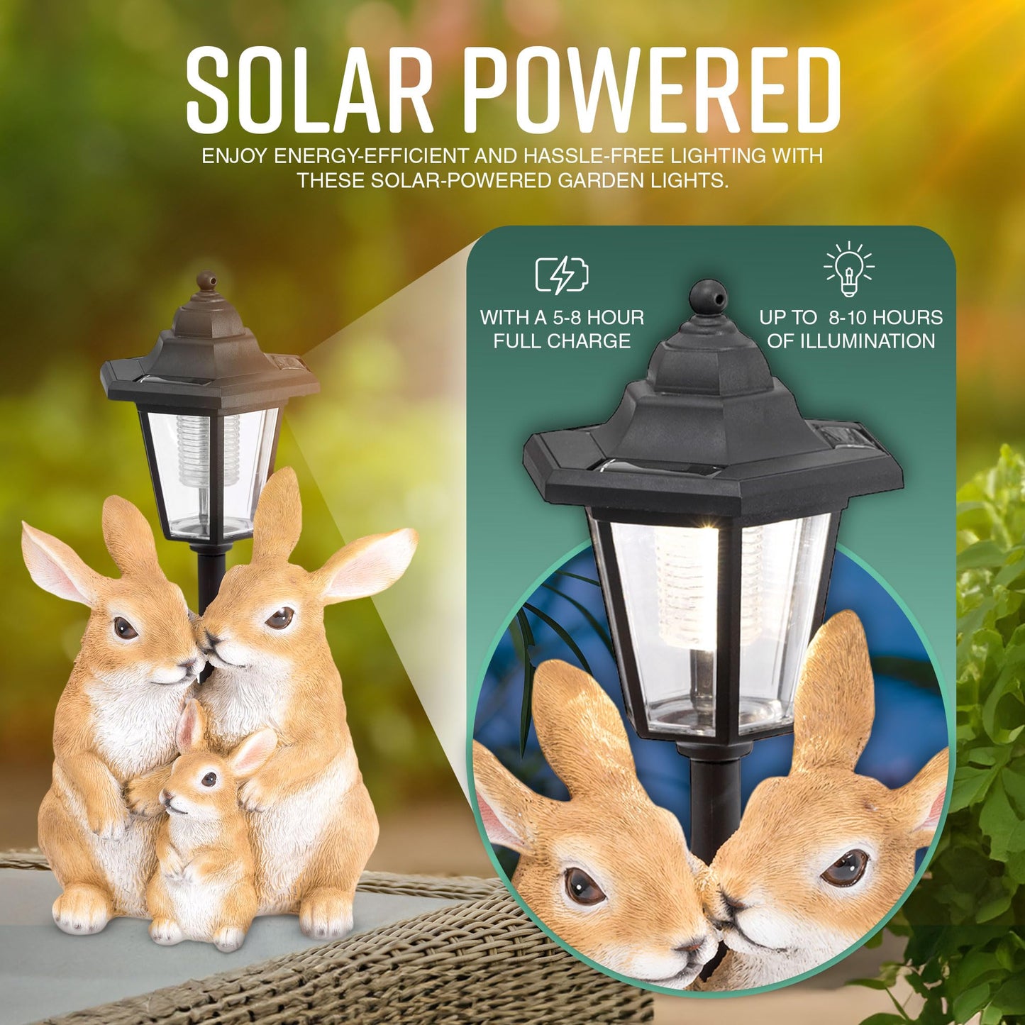 GloBrite Solar Rabbit Family with Lantern Post Light – Resin Garden Ornaments Outdoor Use - Solar Garden Lights for Yard, Patio, Lawn– Charming Animal Figurines