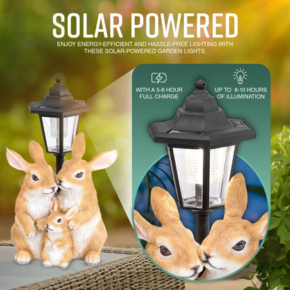 GloBrite Solar Rabbit Family with Lantern Post Light – Resin Garden Ornaments Outdoor Use - Solar Garden Lights for Yard, Patio, Lawn– Charming Animal Figurines