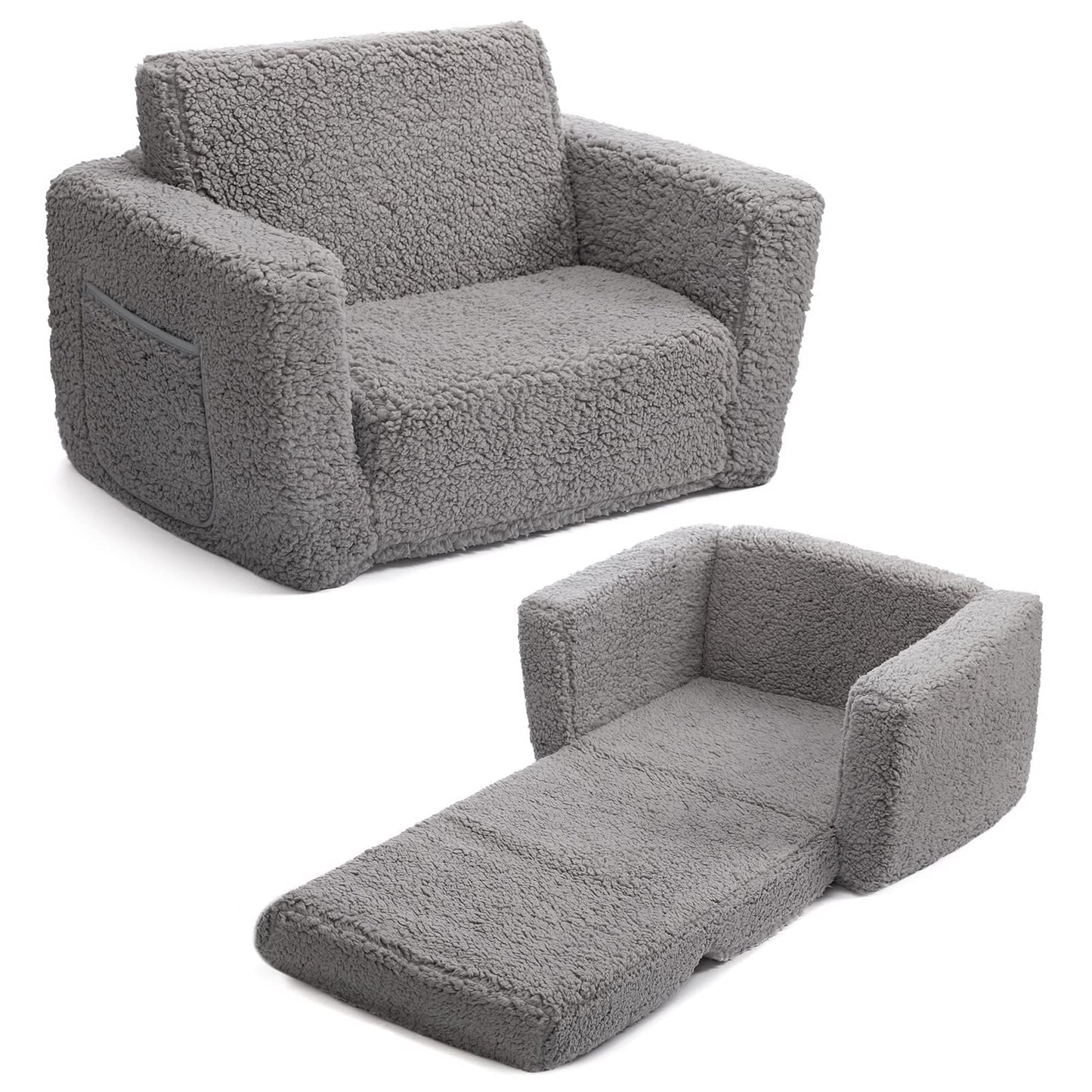 BEJOY Kids Sofa Bed 2-in-1 Flip Out Cuddly Sherpa Toddler Couch Convertible Chair to Lounger Children Sofa Bed Children's Day and Birthday Gift for Girls Boys, Grey