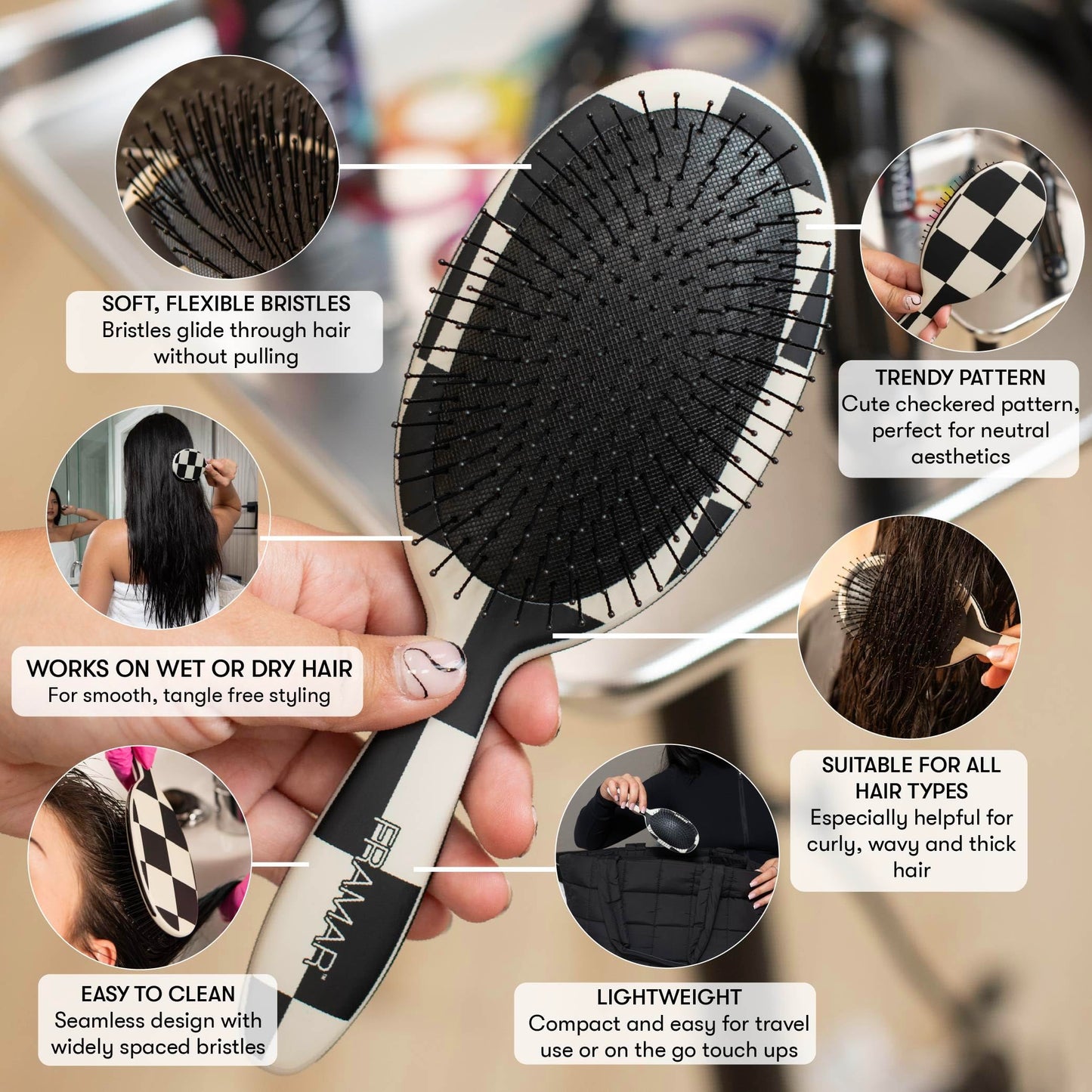 FRAMAR Checkered Print Hair Brush Detangler – Wet Hair Brushes For Women, Womens Hair Brush, Black and White Checkered Hair Accessories, Hairbrush For Women, Cepillos Para Cabello – Detangle Brush