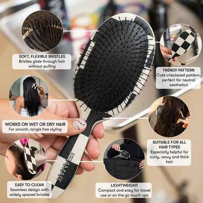 FRAMAR Checkered Print Hair Brush Detangler – Wet Hair Brushes For Women, Womens Hair Brush, Black and White Checkered Hair Accessories, Hairbrush For Women, Cepillos Para Cabello – Detangle Brush