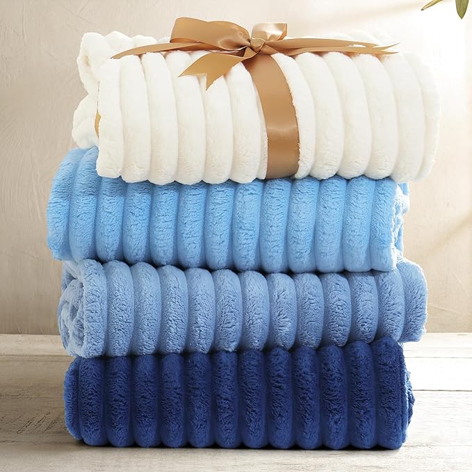 decorUhome Soft Fleece Navy Blue Twin Blanket for Bed, Cozy Fluffy Plush Flannel Striped Throws for Couch Sofa, Lightweight Decorative Ribbed Fuzzy Blanket for Woman, 60x80 Inches
