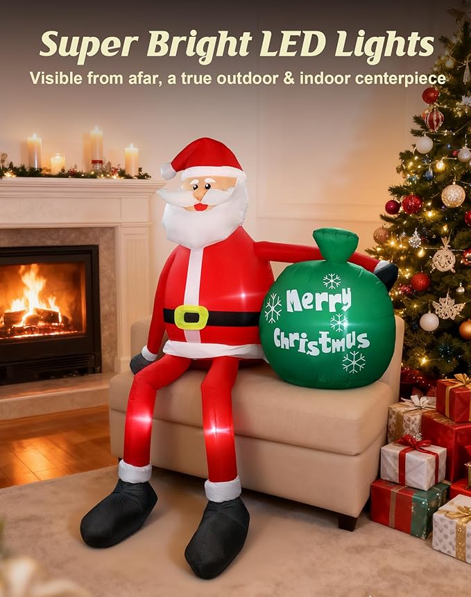8 FT Christmas Inflatables Outdoor Decorations, Santa Claus with Gift Bag, LED Lighted Blow Up IP68 Weatherproof Sitting Santa Xmas Indoor Outdoor Decor for Yard Garden Lawn Mall Party Holiday