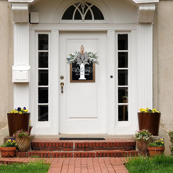 Ultra Large 14'' Last Name All Year Round Front Door Wreath with 26 Initial Letter Welcome Sign All Seasons Eucalyptus Garland and Bow Wreaths for Front Door Porch Farmhouse Decoration (I)