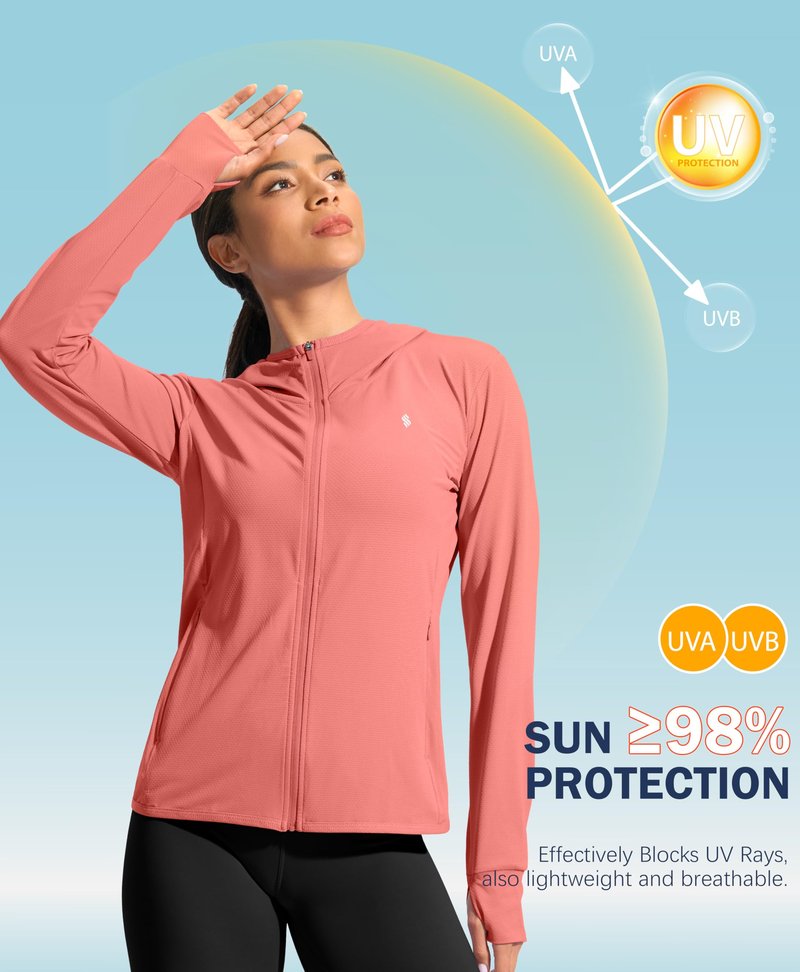 Soothfeel Women's UPF 50+ Sun Protection Hoodie Jacket Lightweight Long Sleeve Sun Shirt for Women with Pocket Hiking Outdoor(Coral, XS)