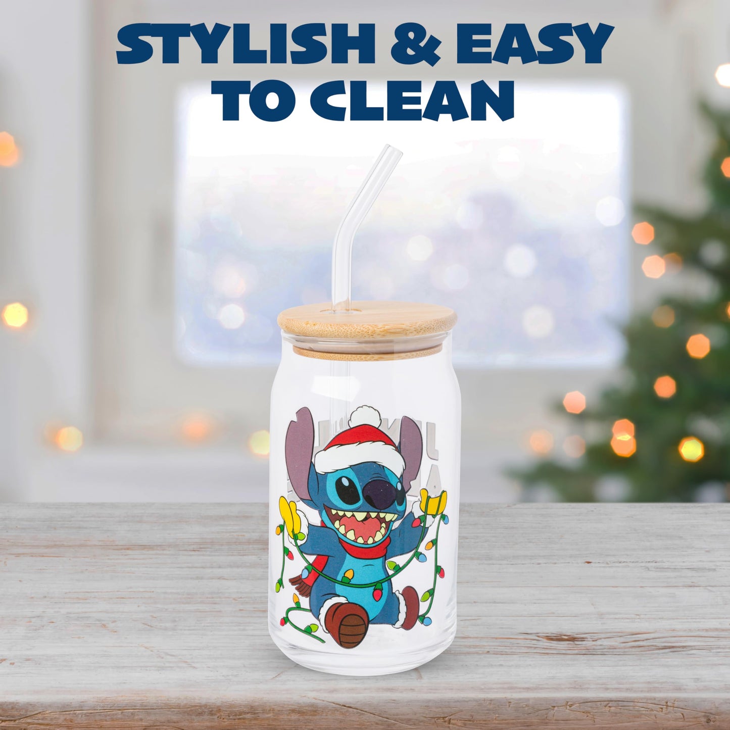 Silver Buffalo Disney Lilo and Stitch “Jingle All the Way” Glass Tumbler with Bamboo Lid and Glass Straw Featuring Stitch, 16 Ounces