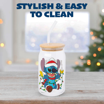 Silver Buffalo Disney Lilo and Stitch “Jingle All the Way” Glass Tumbler with Bamboo Lid and Glass Straw Featuring Stitch, 16 Ounces