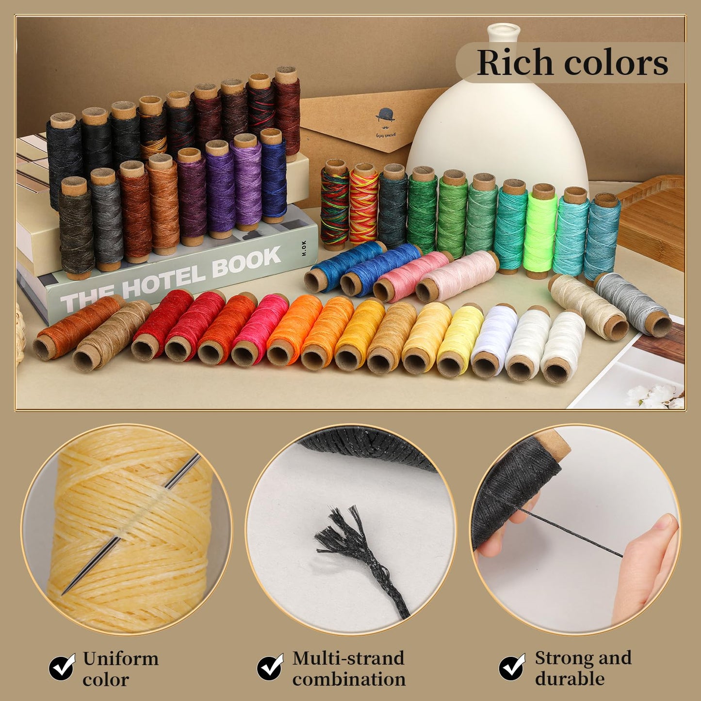 Jupean 48 Colors Waxed Thread, Leather Thread for Hand Sewing, Book Binding Threads, Leather Stitching Thread for Hand Sewing Craft DIY Bookbinding