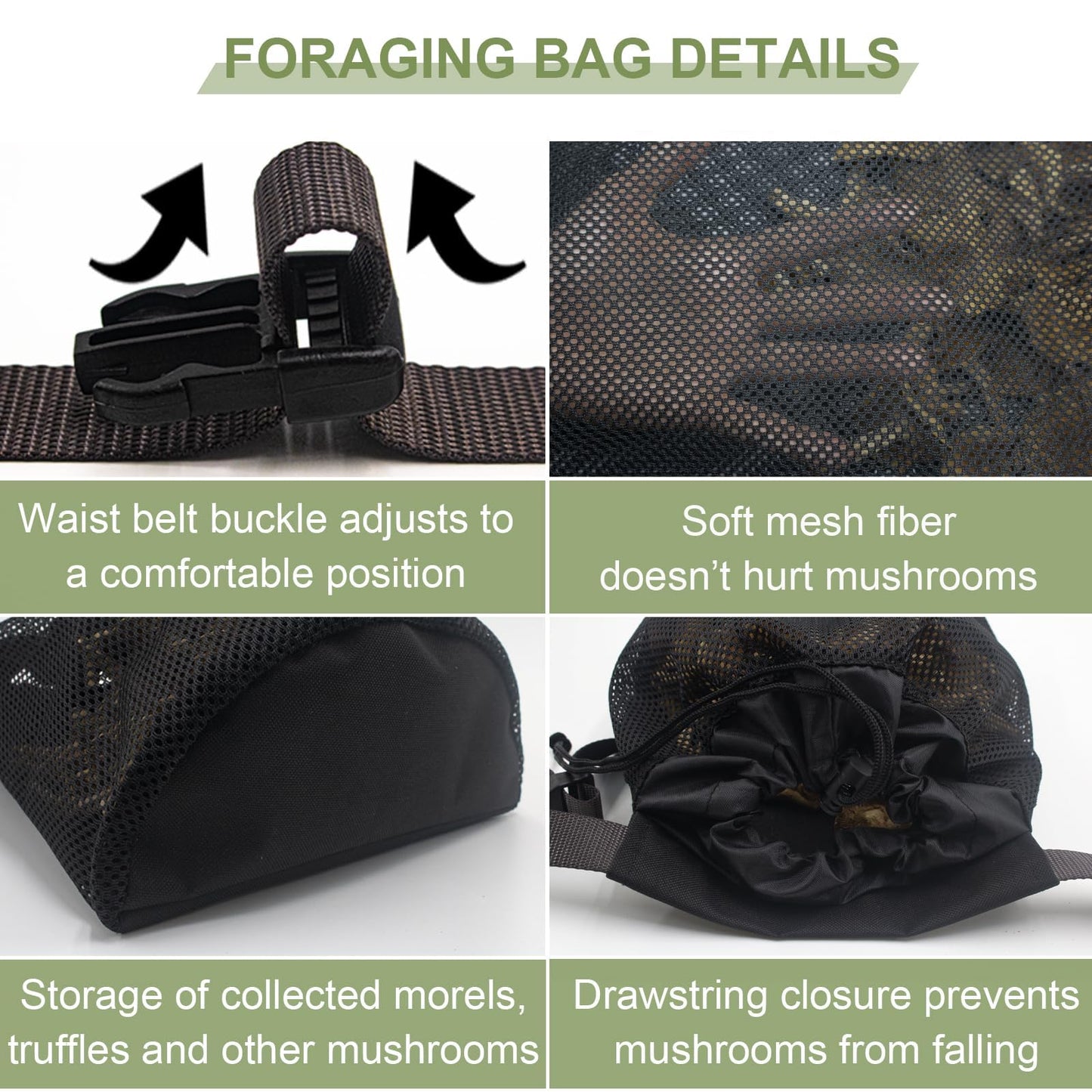 Morel Mushroom Foraging Bag with Adjustable Waistband, 2 Mesh Picking Bags for Collecting Mushrooms, Outdoor Hunting Bags Lightweight and Sturdy to Wear Around Waist, Harvesting Bag, 1 Tool Bag