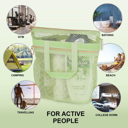 DV Lifestyle Mesh Shower Bag 10.2x9.9'' Quick-Dry Caddy with Zipper & 2 Pockets. Portable Toiletry Tote for Bathroom, Gym, Travel, Camp, Beach, for Sunscreen, Dorm & College Essentials (Light Green)