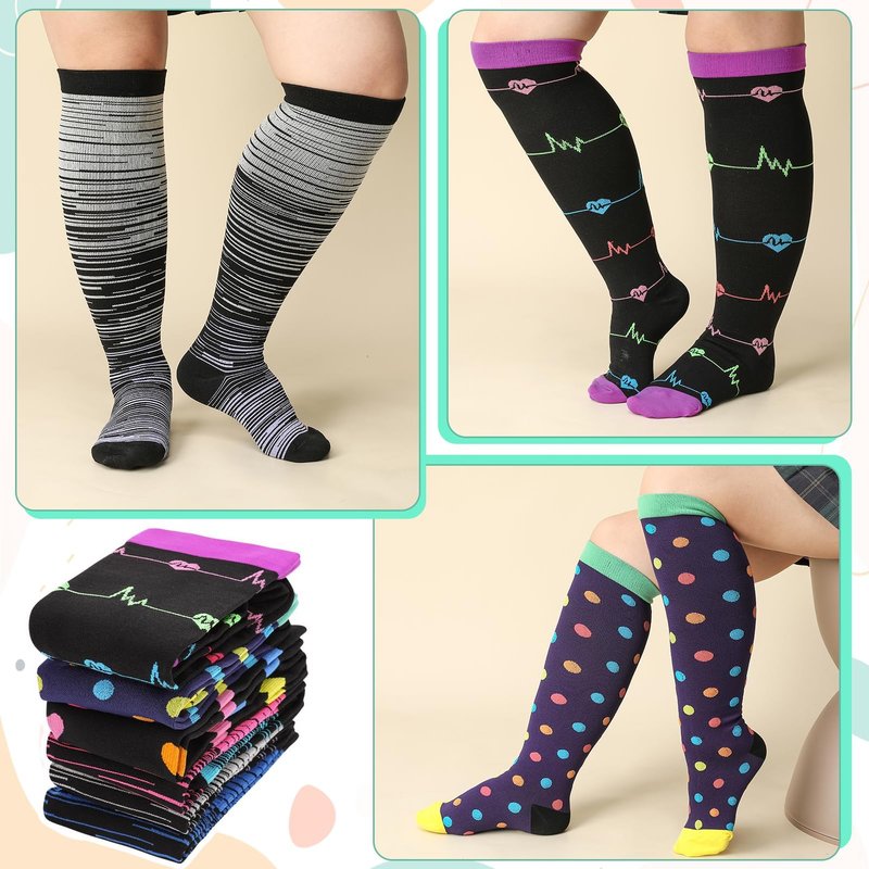 Jspupifip 6 Pairs Plus Size Compression Socks for Women Wide Calf Extra Large Knee High Support for Travel Yoga Running Circulation, 3X-Large