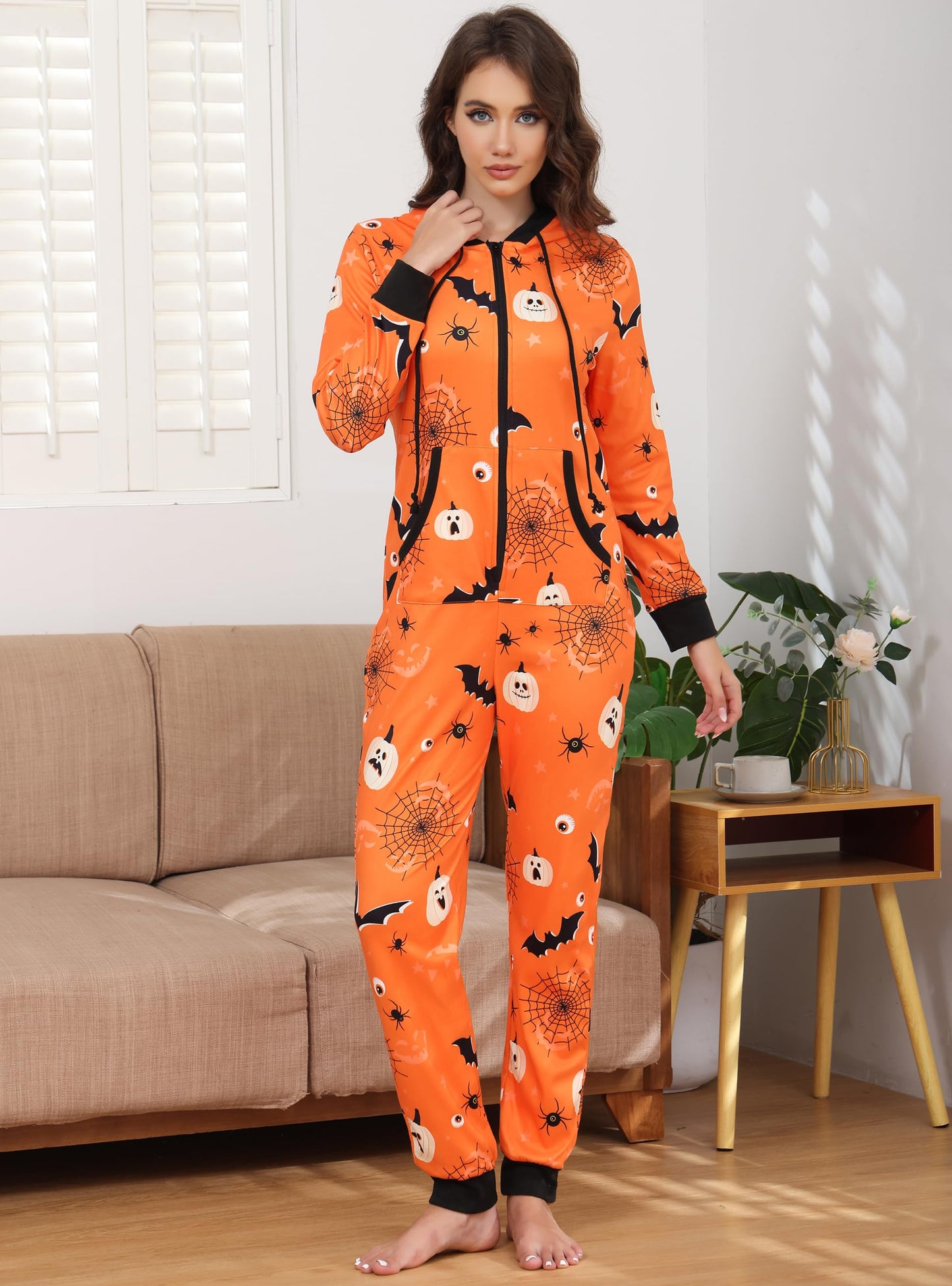 Veseacky Matching Onesies for Couples Zipper Hooded Adult Halloween Onesie Pajamas with Pockets Women Jumpsuit (Orange,XL)