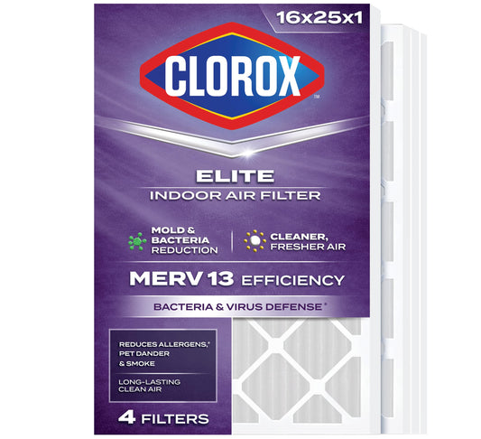 Clorox 16x25x1 Air Filter, MERV 13 Pleated HVAC AC Furnace Air Filters for Allergies, Pet Dander, Smoke and more, MPR 1500 & FPR 10 – Pack of 4