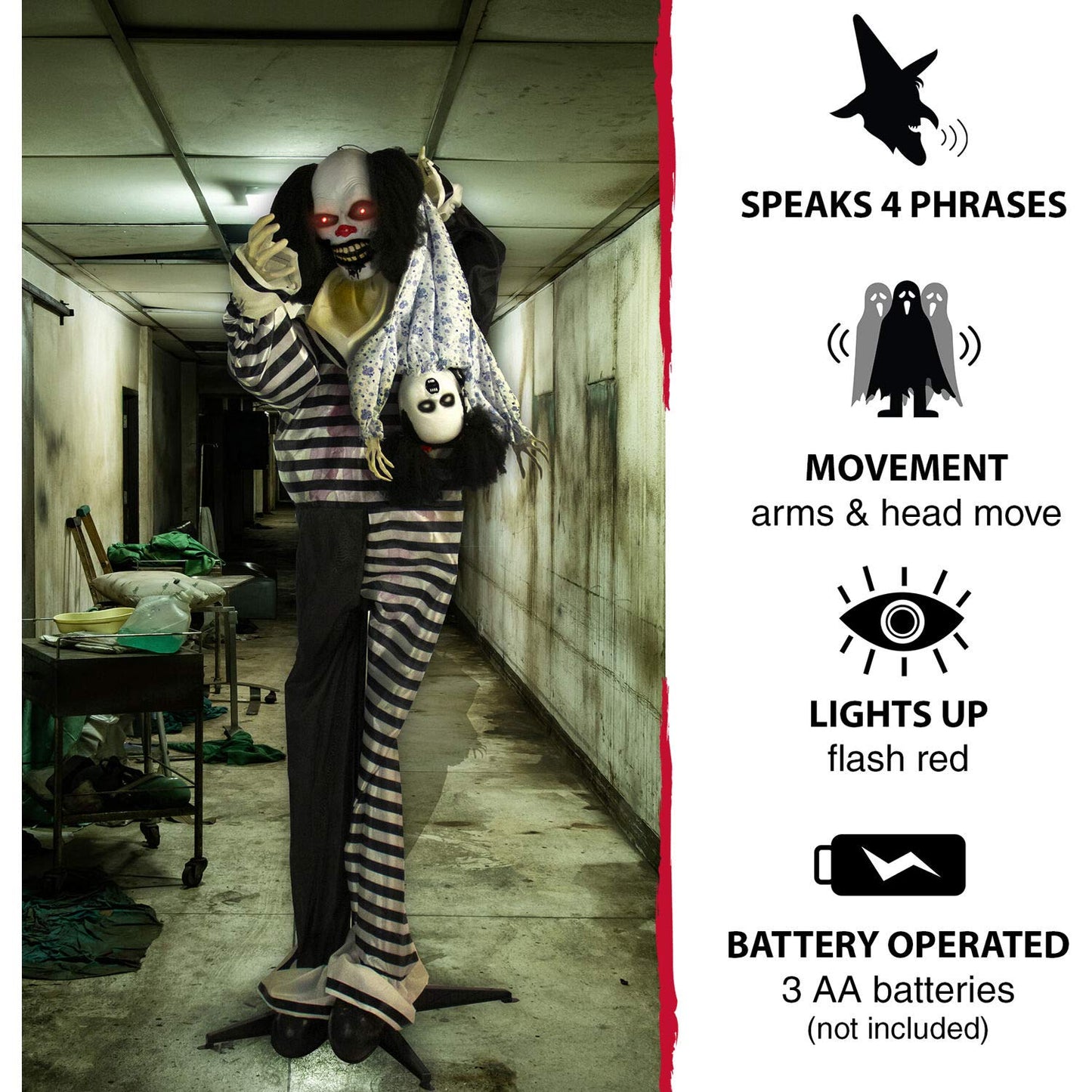 Haunted Hill Farm Life-Size Animatronic Scary Talking Clown with Doll, Motion, Touch Activated Lights, and Sounds, Indoor or Covered Outdoor Halloween Decorations, Battery Operated Halloween Props