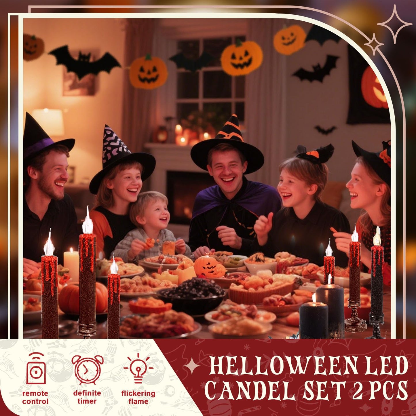 Nicrolandee Halloween Decorations, 2 PCS Blood Dripping Flameless Candles Led Taper Candle with Remote Control, Amber Warm Yellow Flickering Candle for Halloween Home Decor, Horror Party Decorations