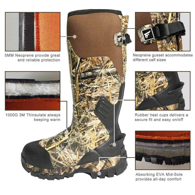 8 Fans Rubber Hunting Boots for Men, Waterproof Outdoor Boots, Insulated 1000G Thinsulate Warm, 5mm Neoprene Camo Boots, 17” Tall Shaft for Wet & Rough Terrain, Anti-Slip Sole for Hunting & Work