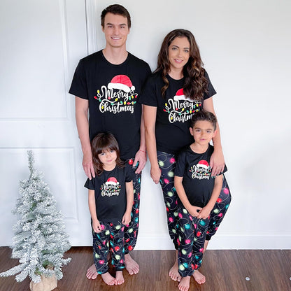 IFFEI Christmas Pajamas for Family Letter Print Matching Holiday PJ's Sets with Short Sleeve Tee and Pants Loungewear Men M Black Red
